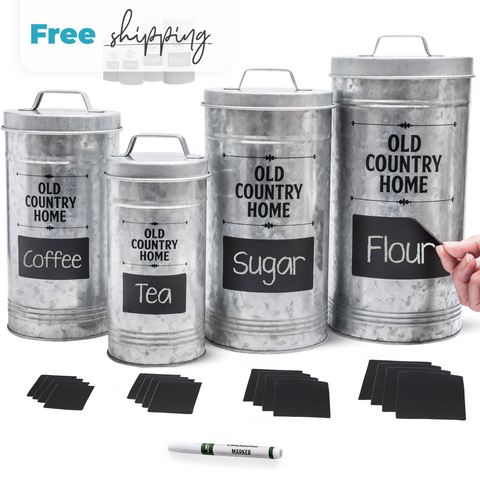 Galvanized Nesting Canisters set by Saratoga Home with 16 labels and chalkboard marker