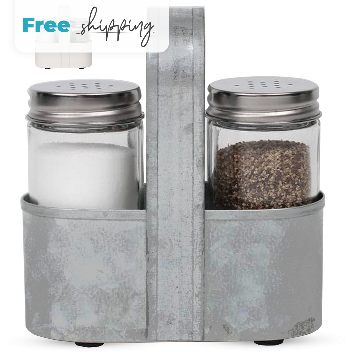 Farmhouse Salt and Pepper Shakers with Caddy Set by Saratoga Home - Rustic Vinta