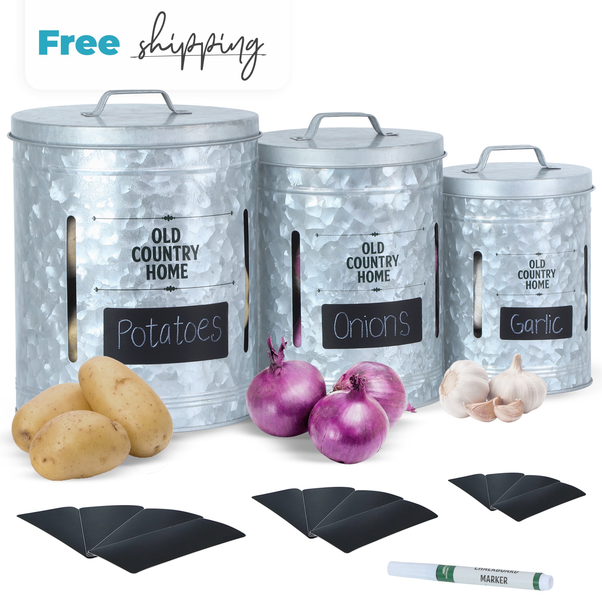 Large Galvanized Veggie Canisters with labels and marker