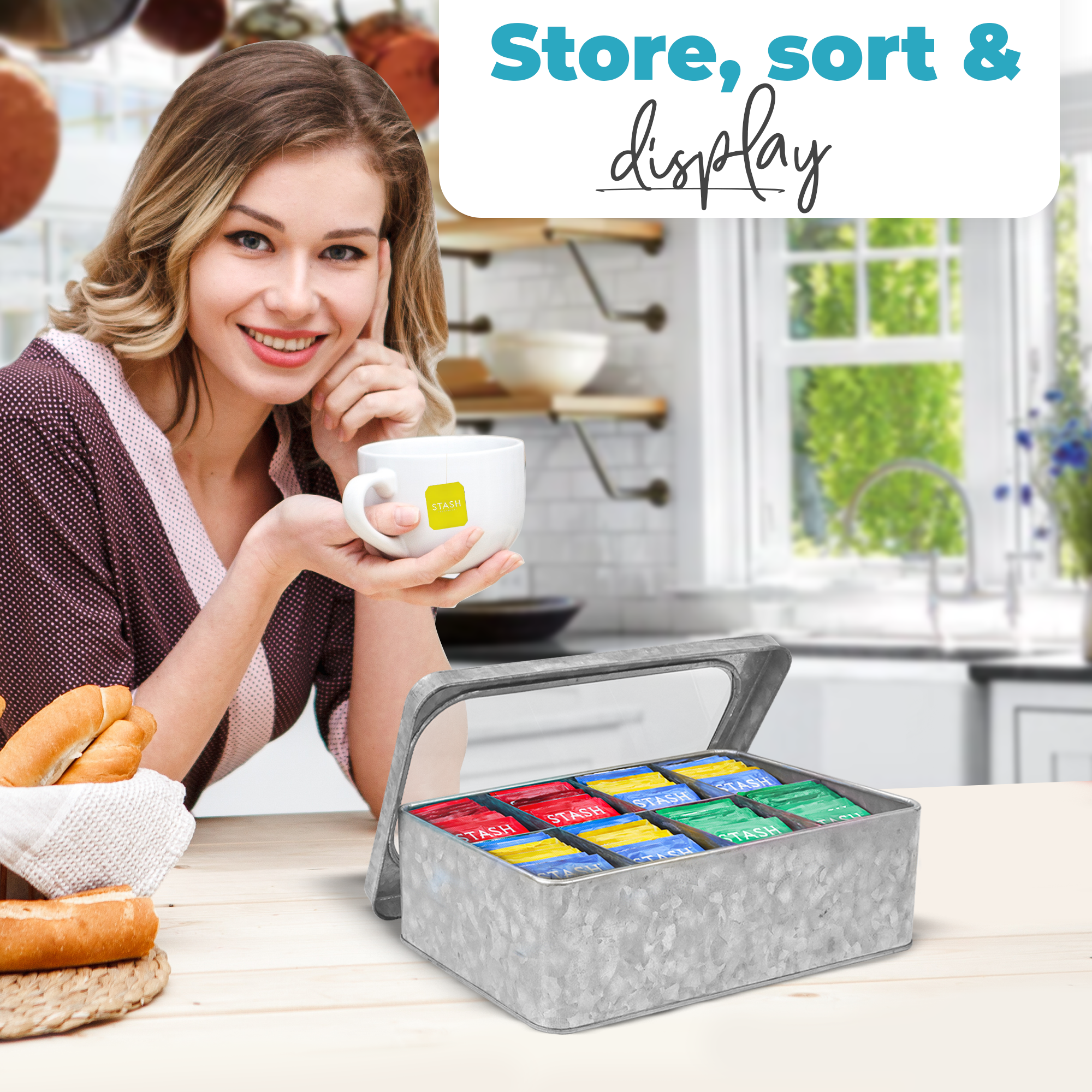 Galvanized Tea Box that displays the tea bags organizedly with a girl drinking her tea in her kitchen