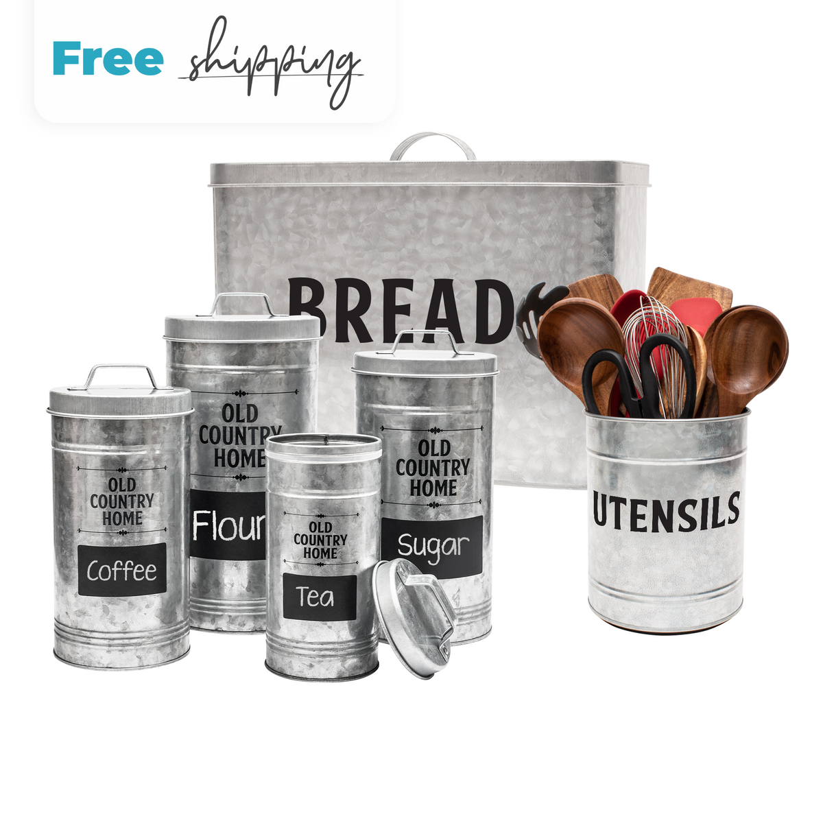 Farmhouse Storage Set by Saratoga Home - Bread Box, Set of 4 Canisters with Labels &amp; Marker, and Galvanized Utensil Holder