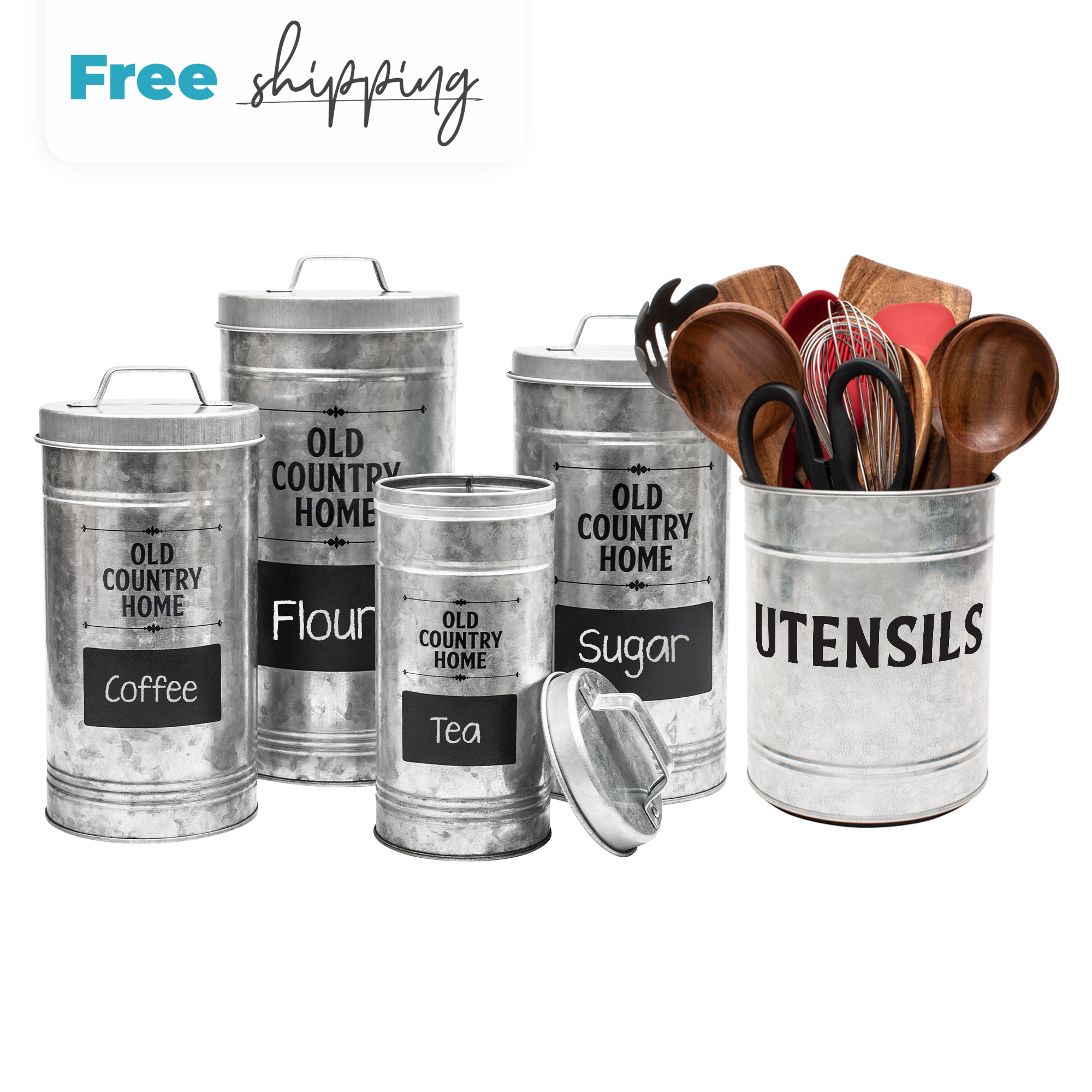 Farmhouse Storage Set by Saratoga Home - Galvanized Utensil Holder & Set of 4 Canisters with Labels & Marker