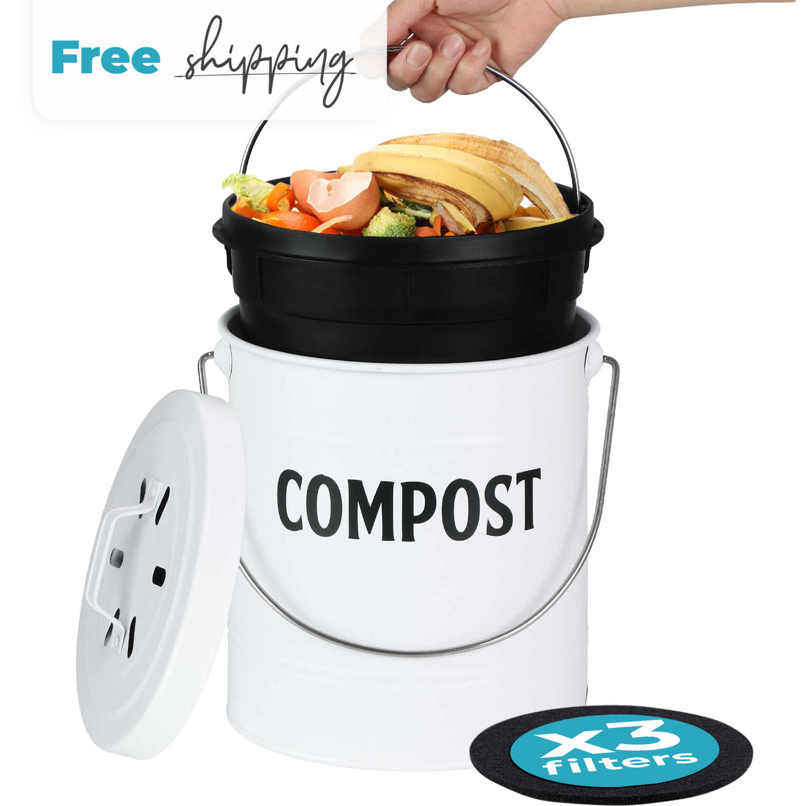 Compost Bin Kitchen Counter - 1.3 Gallon Black Stainless Steel Kitchen  Compost Bin with Wood Handles & Charcoal Filters x3 Sets - Countertop  Compost