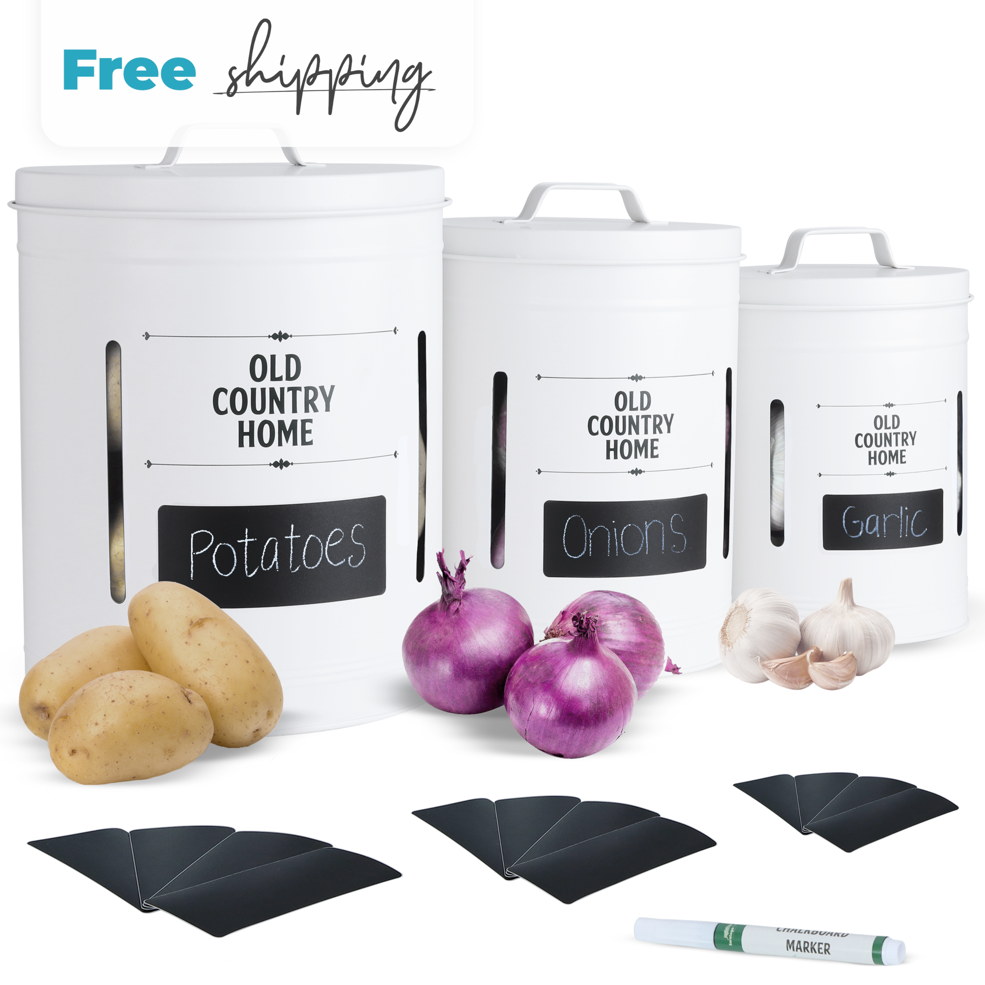 Large White Veggie Canisters with labels and marker